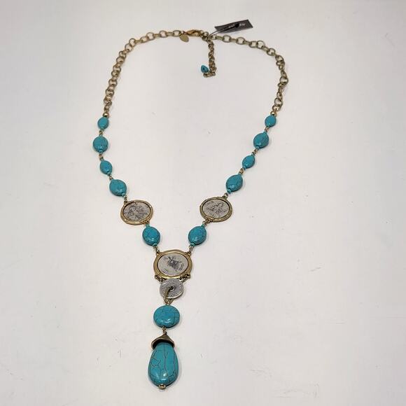 Chicos Faux Turquoise Coin Accent Long Necklace Two Tone Metal Y Drop Jewelry - Picture 2 of 6